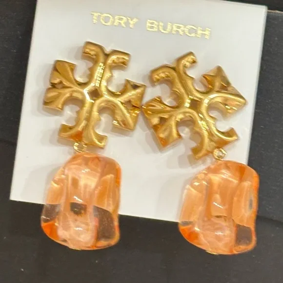 Tory Burch ROXANNE gold logo + orange ice cube drop & dangle statement earrings - Picture 2 of 12